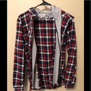Red, blue and white plaid jacket with gray hood.